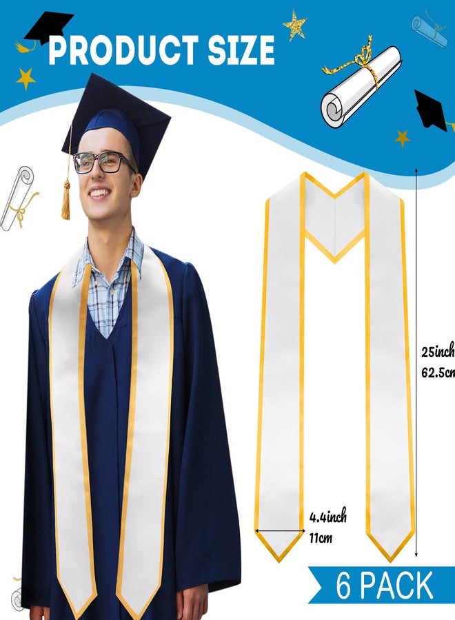 SEEWEY 6 Pcs Graduation Plain Honor Stole Unisex Adult Honor Stole Sash 60" Long Graduation Sash Classic End with Gold Trim (White) - Image 2